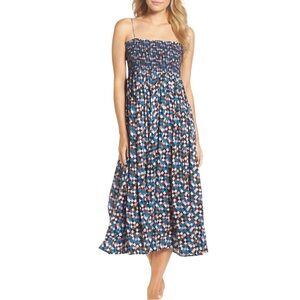 Tory Burch Prism Smocked Tie Shoulder Printed Voile Midi Dress - M